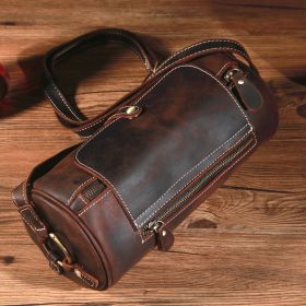 Retro Crazy Horse Leather Round Barrel Genuine Leather Shoulder Men's Messenger Bag (Color: Coffee)