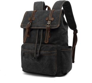 Men's Backpack Vintage Crazy Horse Leather Outdoor Travel Canvas Bag (Color: Black)